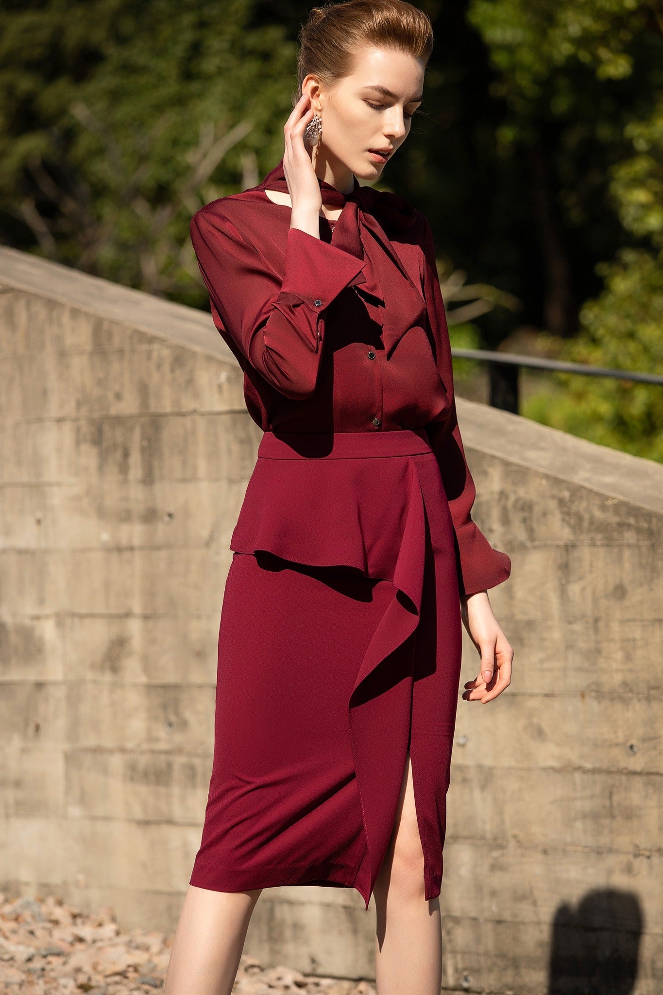 Elegant Burgundy Bow-Tie Blouse