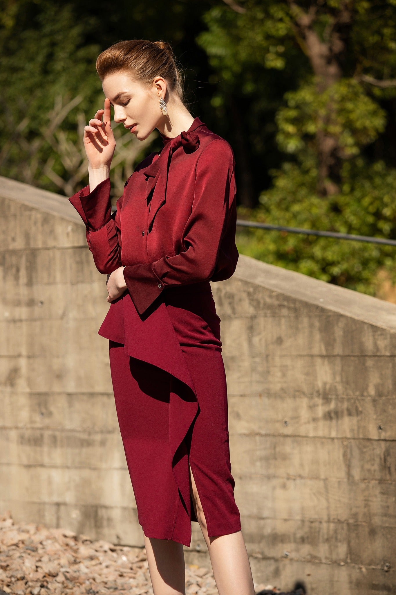 Elegant Burgundy Bow-Tie Blouse