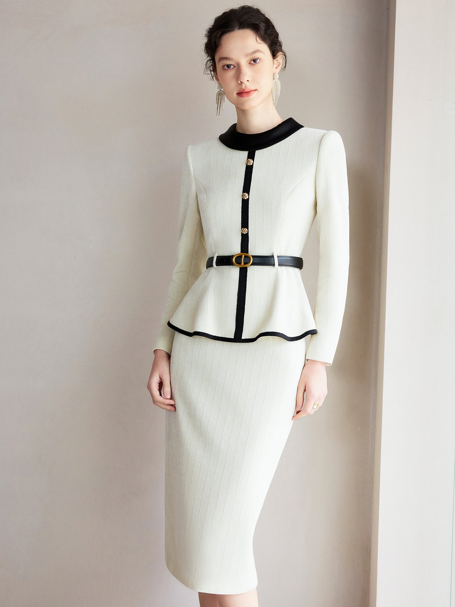 Ivory Noir Peplum Elegance Suit Dress – Rouxelle
