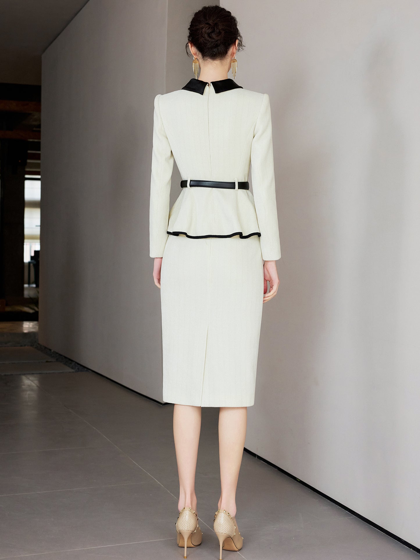 Ivory Noir Peplum Elegance Suit Dress