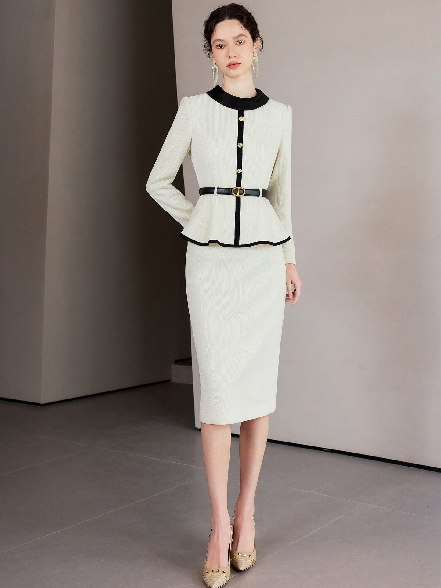 Ivory Noir Peplum Elegance Suit Dress