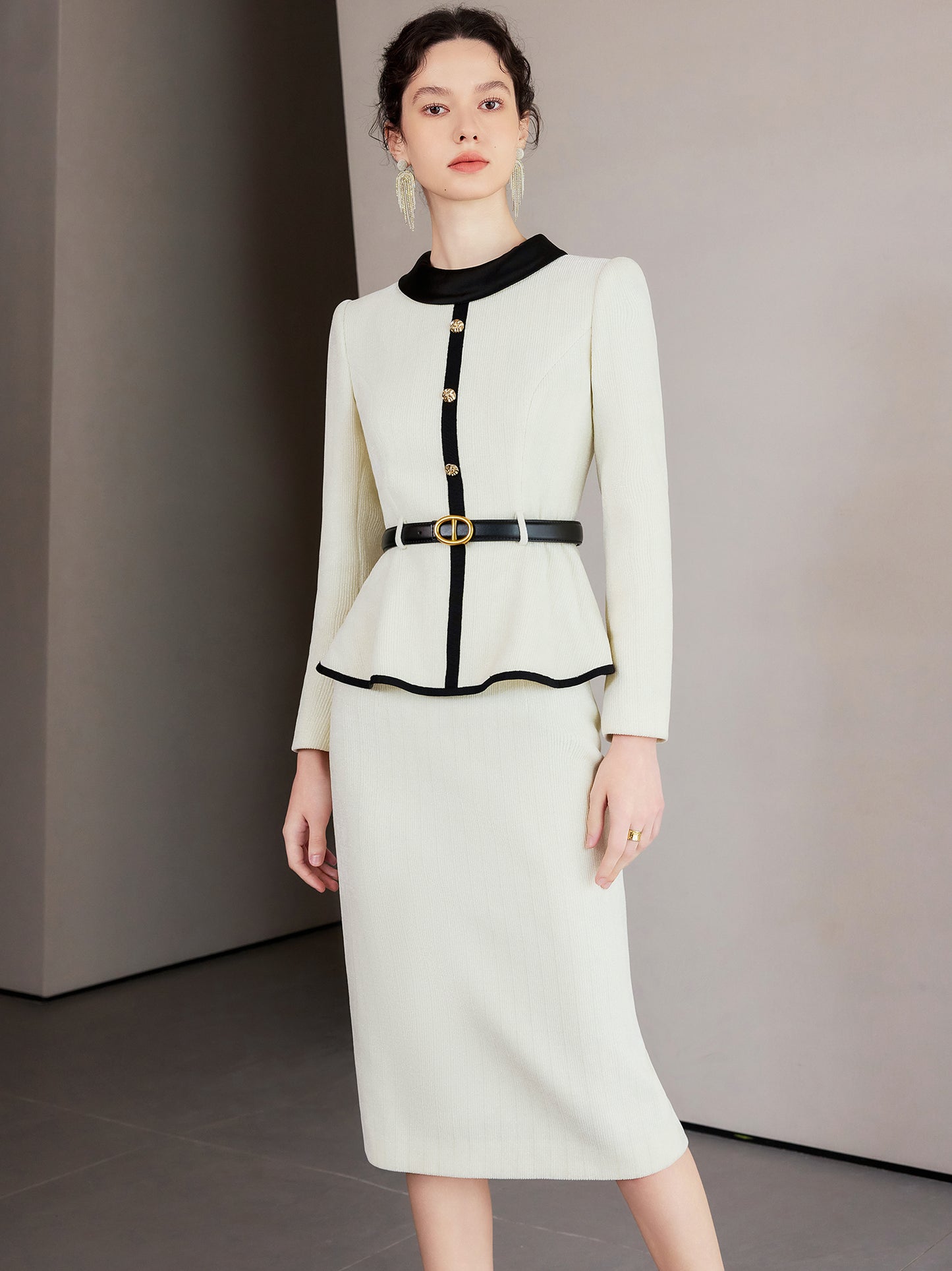 Ivory Noir Peplum Elegance Suit Dress